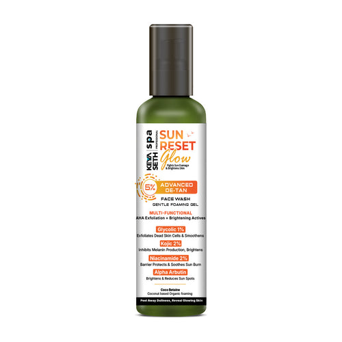 5% Advanced De Tan SUN REST Glow Foaming Face Wash Gel 1% Glycolic, 2% Kojic, 2% Niacinamide, Alpha Arbutin, Fights Sun Damage & Brightens Skin - Keya Seth Aromatherapy