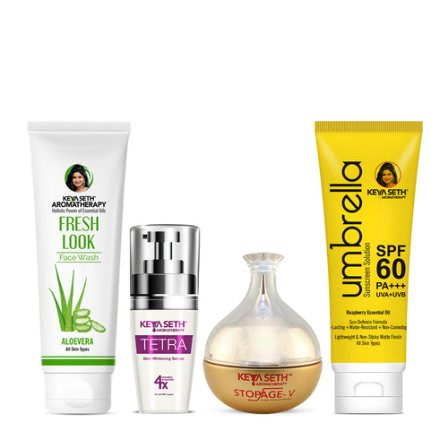 Restorative Skincare Routine for Aging Skin – Aloe Vera Facewash, Tetra Serum, Stopage V Cream & Umbrella SPF 60 for Anti-Aging, Brightening & Protection - Keya Seth Aromatherapy