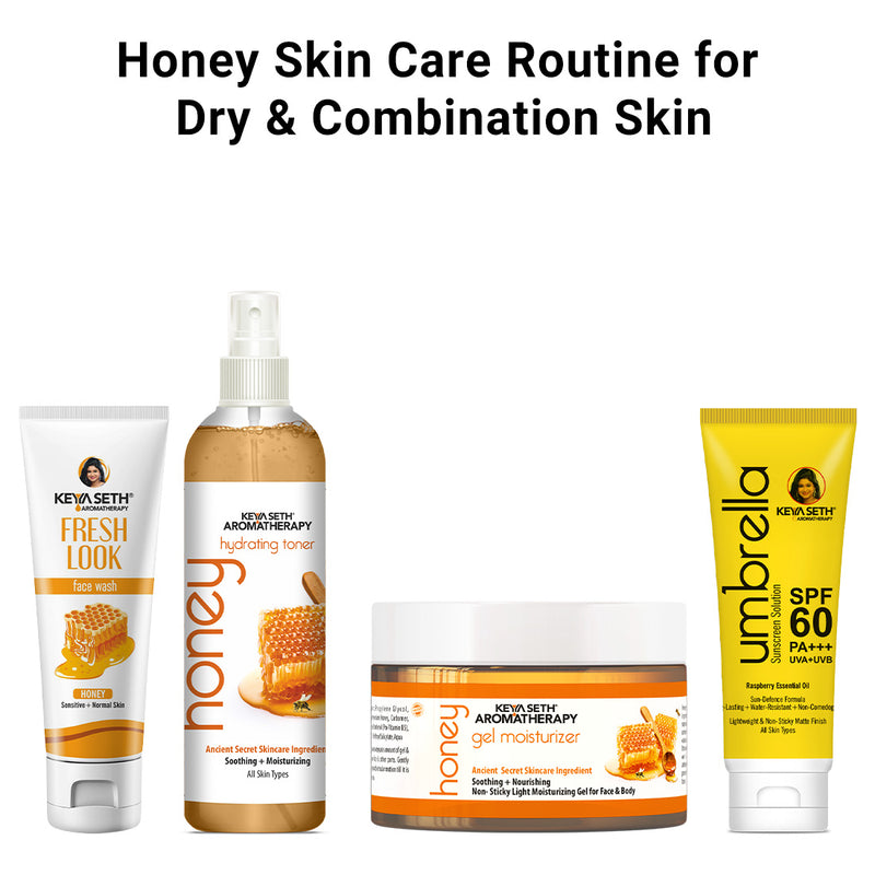 Honey Skin Care Routine for Dry & Combination Skin – Facewash, Toner, Gel Moisturizer, SPF 60 For Hydrate, Minimize Pores, Strengthen Barrier & Protect - Keya Seth Aromatherapy