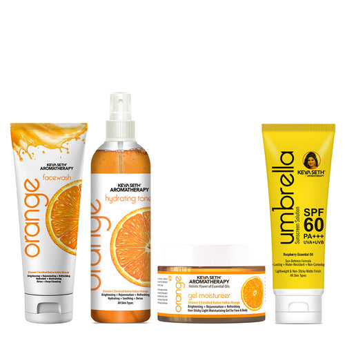 Orange Skincare Routine For Glowing Skin - Facewash, Toner, Moisturizer, Sunscreen with Orange Essential Oil, Pro-Vitamin B5 for Cleansing, Hydration, Pore Care & Sun Protection - Keya Seth Aromatherapy