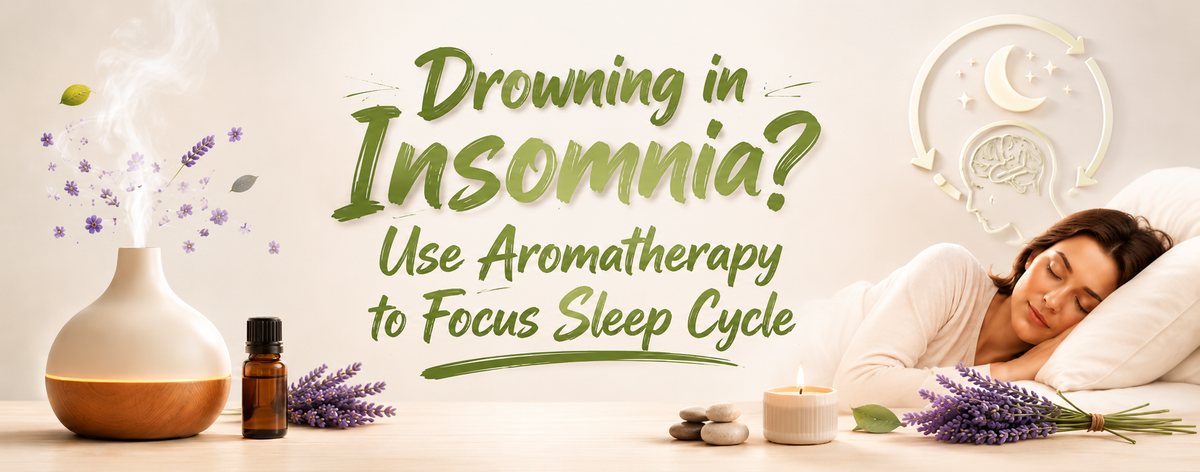 Aromatherapy for insomnia banner showing a sleeping woman, essential oil diffuser, lavender, and sleep cycle illustration.