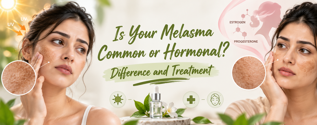 Melasma banner comparing common UV-triggered and hormonal melasma, featuring facial pigmentation, sun exposure, estrogen and progesterone illustrations, and skincare treatment elements.
