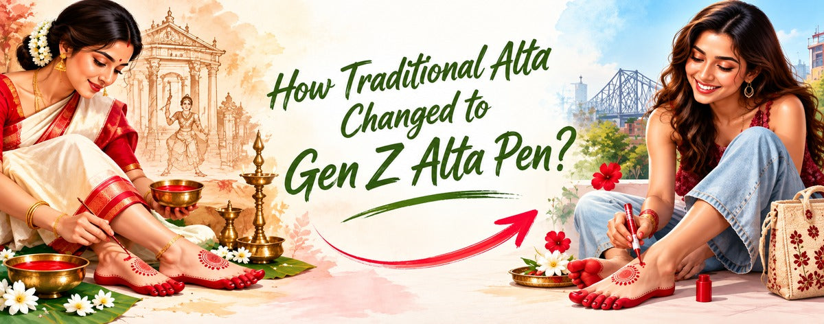 Banner illustrating the evolution of traditional Bengali Alta into a modern Gen Z Alta Pen, contrasting classic Alta application with convenient pen-style application for today’s generation.