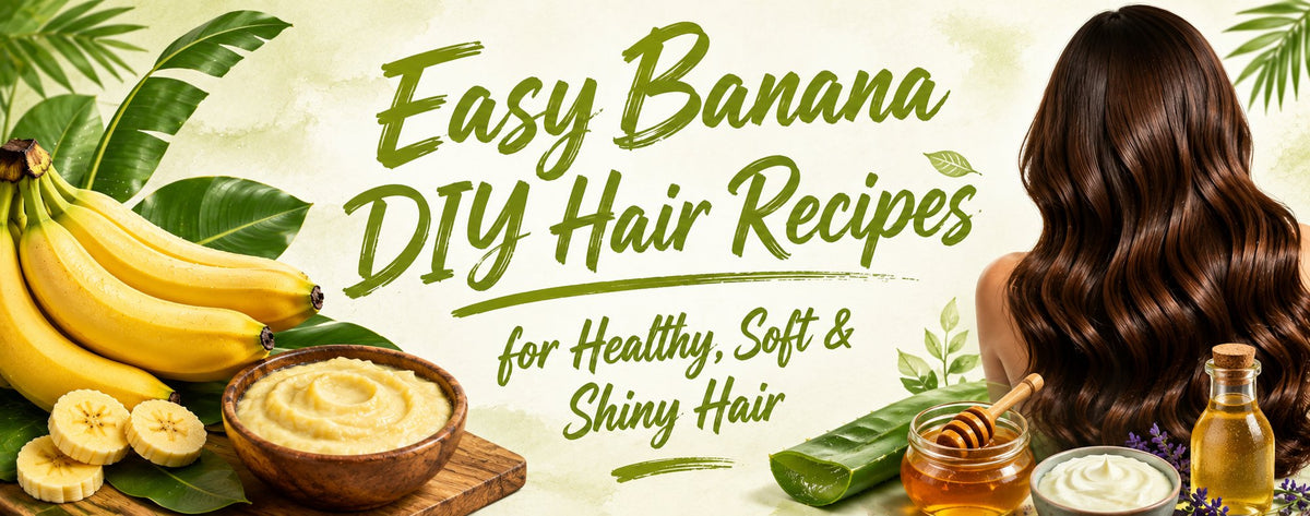 Easy banana DIY hair recipes for healthy, soft and shiny hair featuring bananas, aloe vera, honey, yogurt and natural oils.