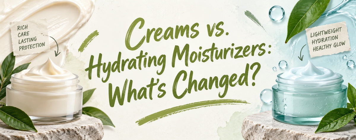 Traditional rich creams vs. modern lightweight hydrating moisturizers for skincare hydration.