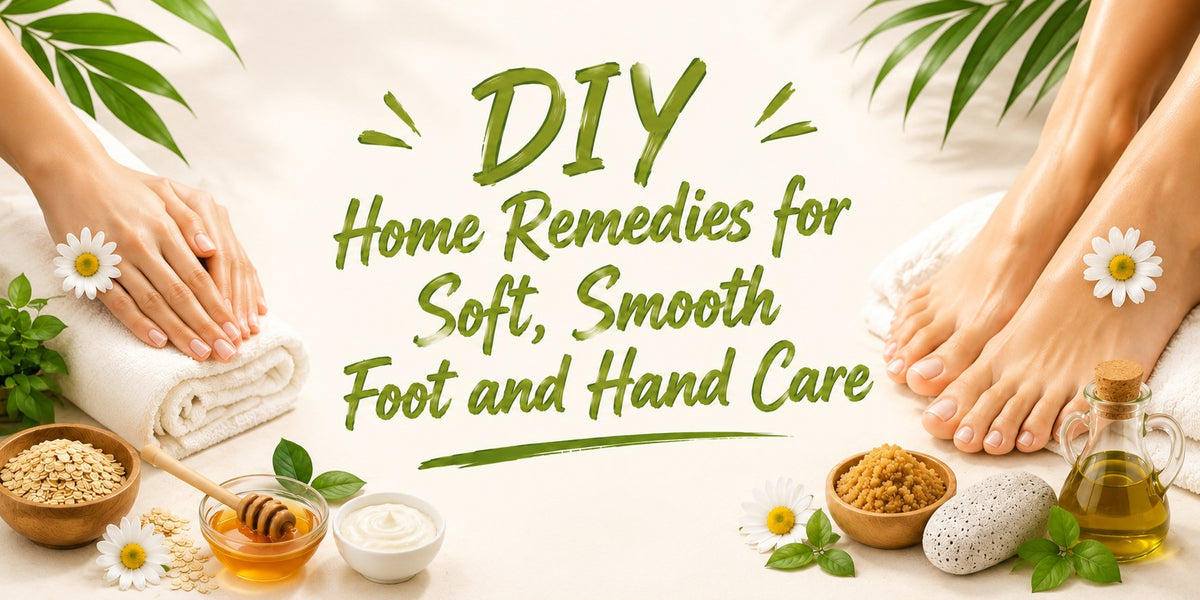 DIY home remedies for soft, smooth foot and hand care featuring moisturized hands and feet, honey, oats, cream, scrub, natural oil, pumice stone, and botanical ingredients.