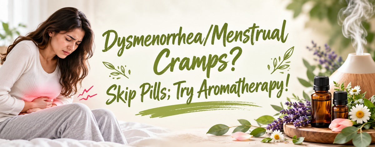 Woman experiencing menstrual cramps alongside essential oils, lavender, chamomile, and an aromatherapy diffuser, highlighting aromatherapy for dysmenorrhea and menstrual cramp relief.