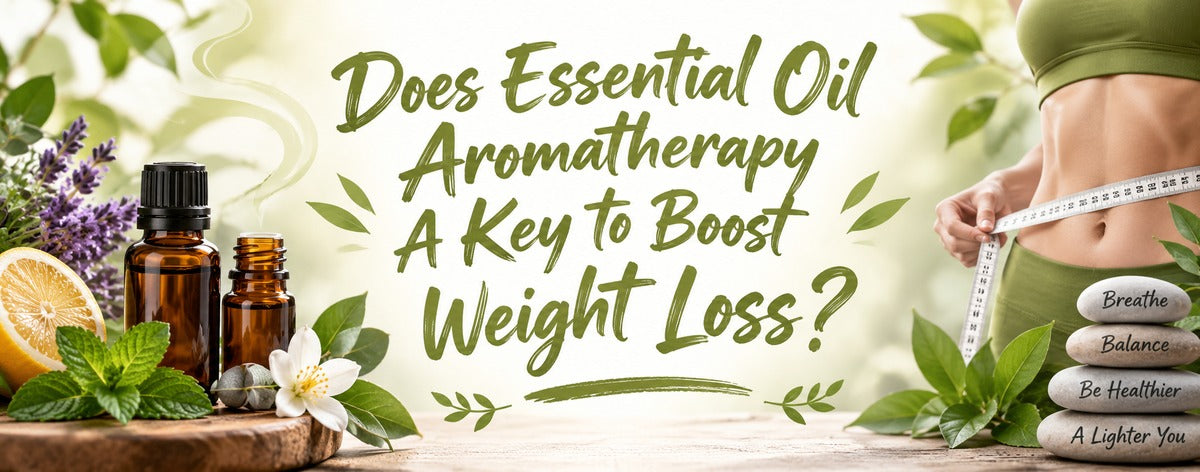 Essential oil aromatherapy for weight loss featuring aromatic oils, herbs, citrus, and a woman measuring her waist.