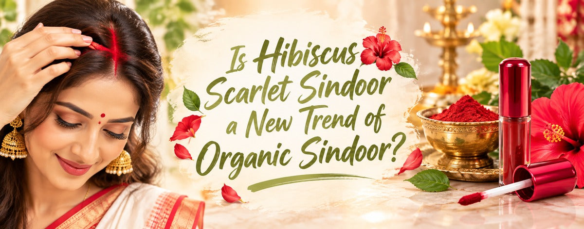 Banner featuring a Bengali woman applying scarlet sindoor to her hair parting, surrounded by red hibiscus flowers, sindoor, and festive elements, with the headline “Is Hibiscus Scarlet Sindoor a New Trend of Organic Sindoor?”