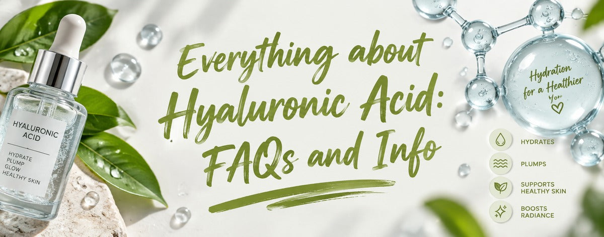 Hyaluronic Acid skincare banner featuring a hydrating serum, water molecules, green leaves, and benefits like hydration, plumping, healthy skin, and radiance.