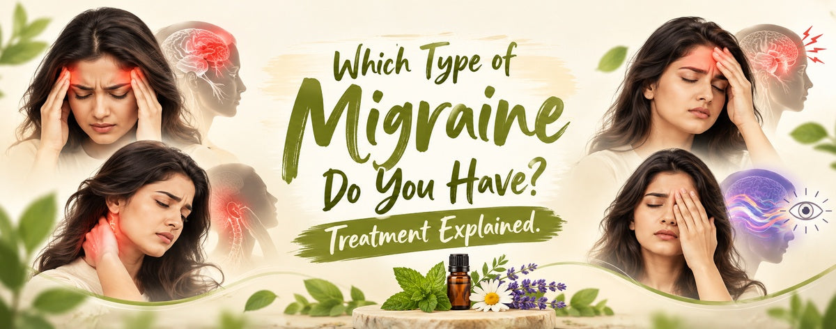 Banner illustrating different migraine symptoms, with women experiencing pain around the temples, forehead, neck, and eyes, alongside brain and aura graphics and natural wellness elements.