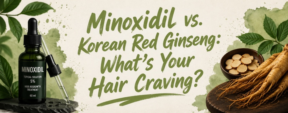 Minoxidil vs. Korean Red Ginseng for hair growth, featuring a Minoxidil dropper bottle and Korean red ginseng roots.