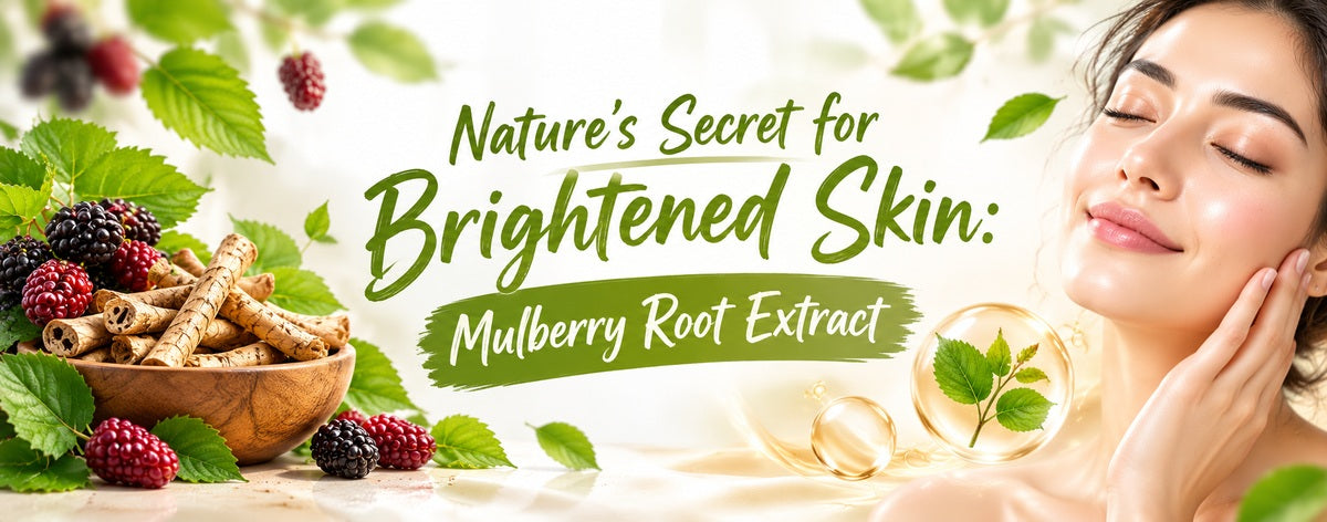Banner featuring mulberry root extract, fresh mulberries and green leaves alongside a glowing-skinned woman, with the text “Nature’s Secret for Brightened Skin: Mulberry Root Extract.”