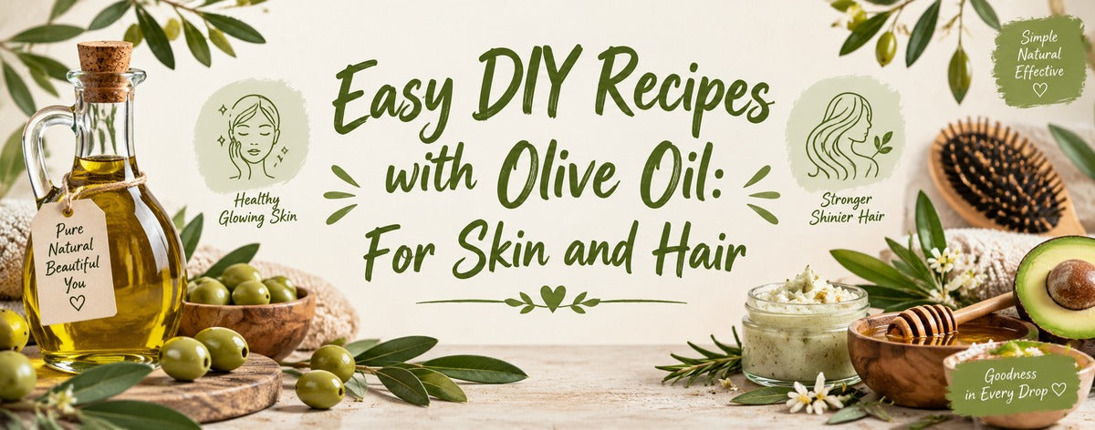Banner featuring easy DIY olive oil recipes for skin and hair, with olive oil, fresh olives, natural skincare ingredients, and hair care elements.