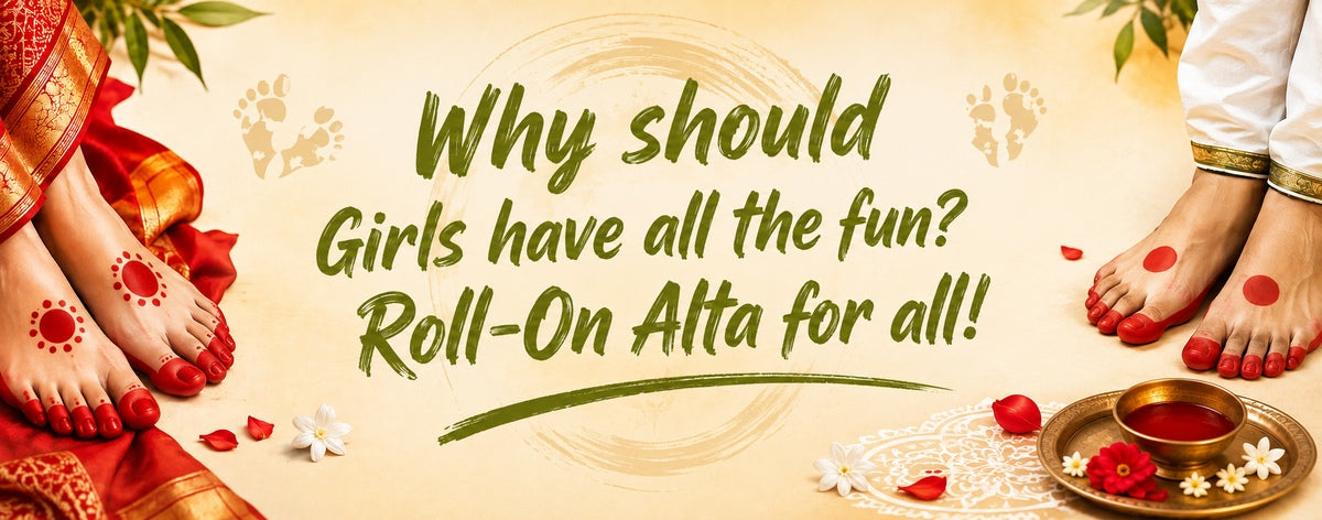 Roll-On Alta for all featuring traditional red alta-adorned feet, floral elements and festive Indian décor.  