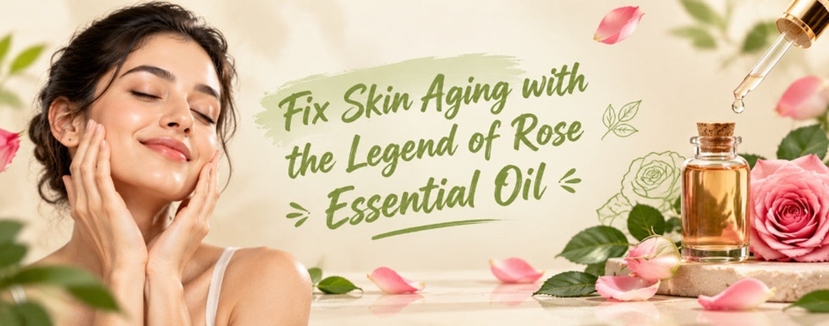 Banner featuring a woman with glowing skin beside rose essential oil and fresh pink roses, highlighting rose oil as a natural skincare ingredient for addressing visible signs of skin aging.