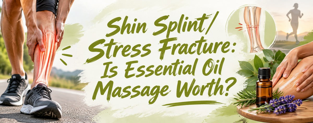 Banner illustrating shin splint and stress fracture pain in a runner, alongside essential oil massage with lavender and rosemary, exploring whether essential oil massage is beneficial.