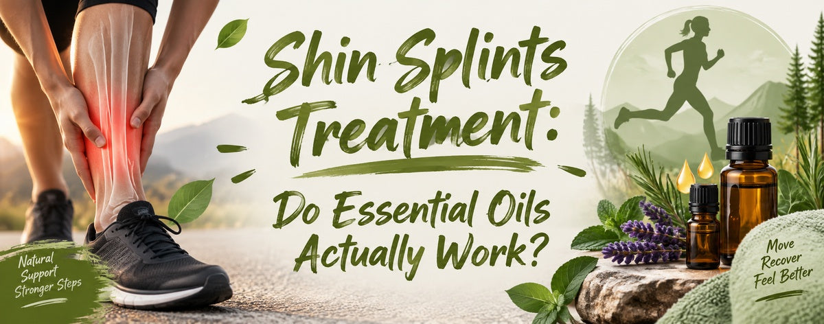 Banner illustrating shin splints with a runner experiencing lower-leg pain alongside essential oil bottles and herbs, titled “Shin Splints Treatment: Do Essential Oils Actually Work?”