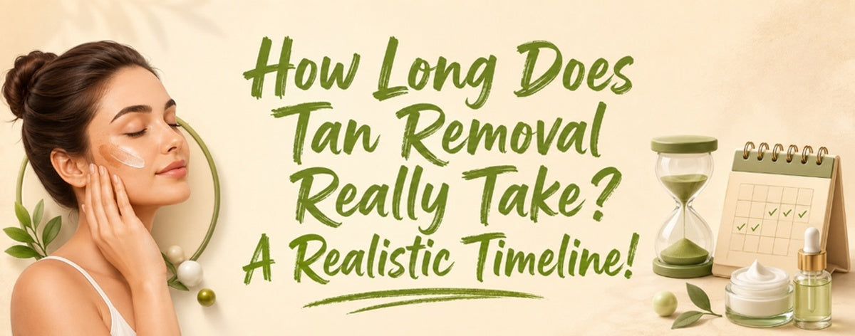 Illustration showing a realistic tan removal timeline, featuring a woman applying skincare alongside an hourglass, calendar, cream, and serum to represent gradual de-tanning with consistent skincare.