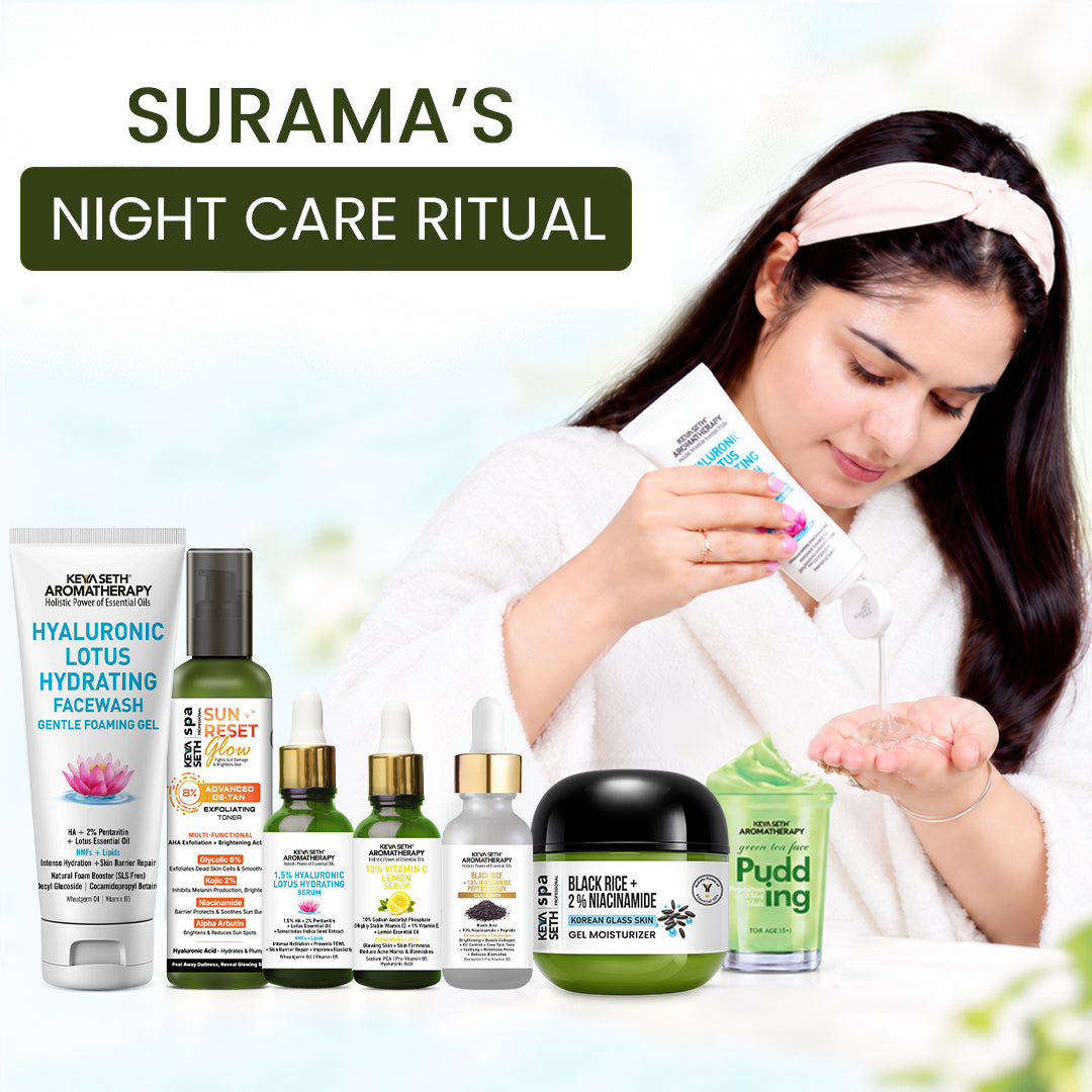 Surama’s Night Skin Care Ritual – Hydrating Face Wash, Exfoliating Toner, Hyaluronic Acid & Vitamin C Serums, Black Rice Moisturizer & Pudding Mask for Deep Hydration, Barrier Repair, Brightening & Anti-Ageing - Keya Seth Aromatherapy