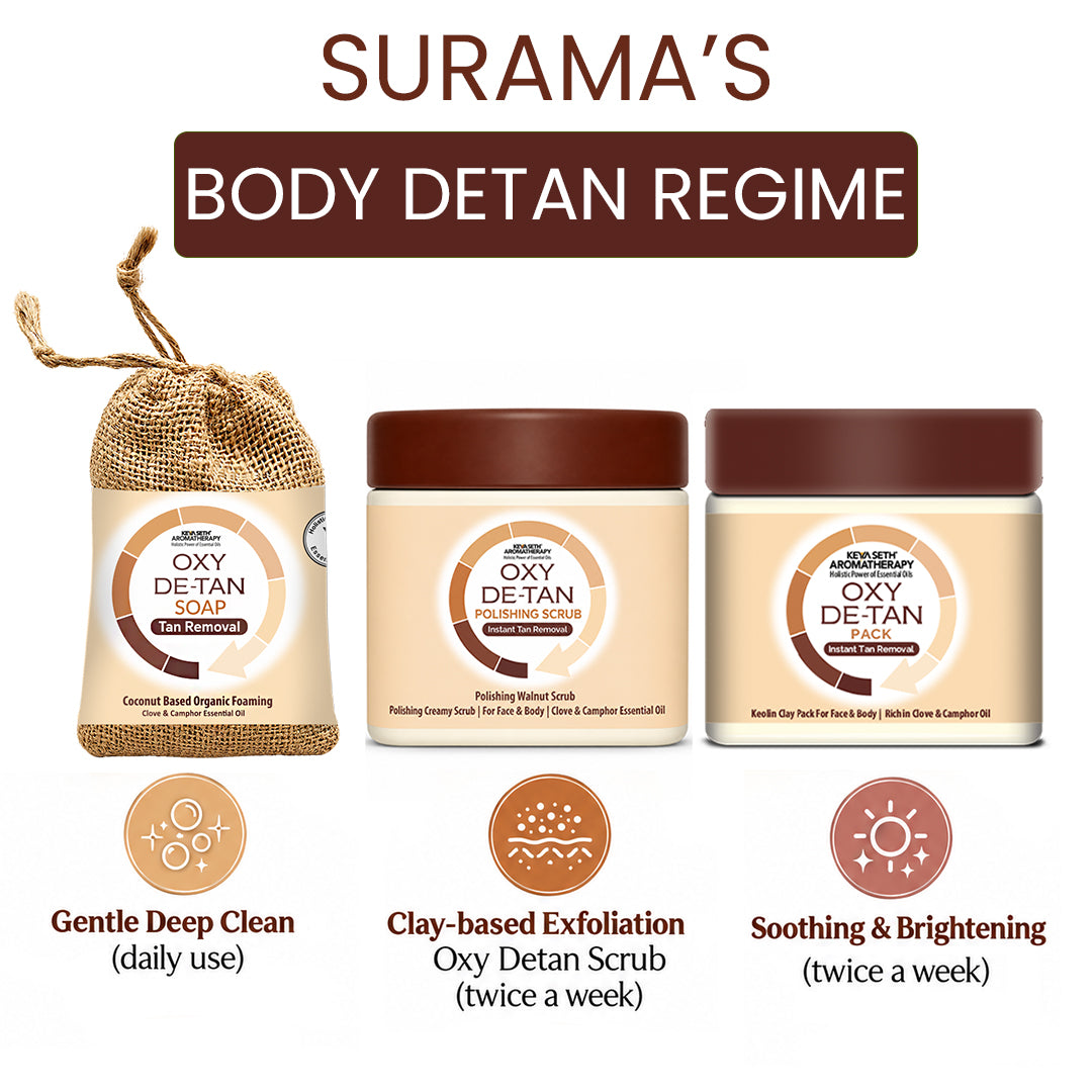 Surama’s Body Detan Ritual with  Oxy Detan Soap, Oxy Detan Scrub, & Oxy Detan Pack - Exfoliates, Removes Tan, Brightens & Locks Skin Hydration