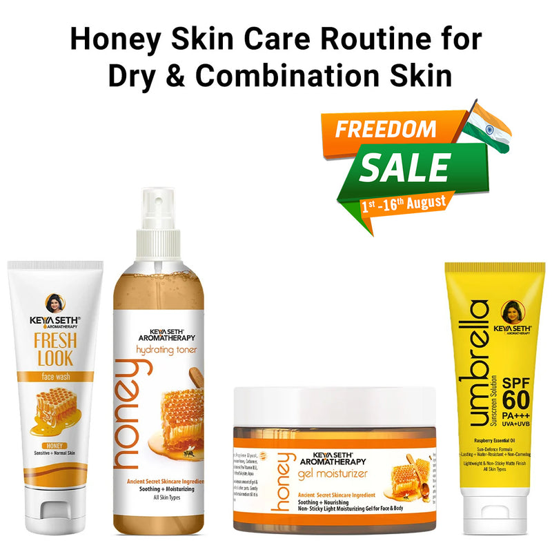 Honey Skin Care Routine for Dry & Combination Skin – Facewash, Toner, Gel Moisturizer, SPF 60 For Hydrate, Minimize Pores, Strengthen Barrier & Protect - Keya Seth Aromatherapy