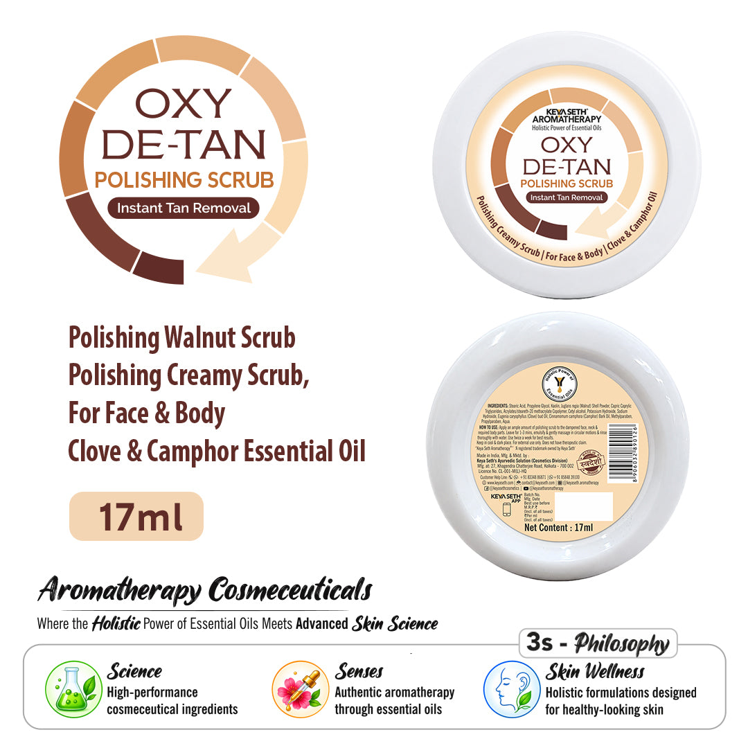 Oxy De Tan Face & Body Polishing Walnut Scrub - Removes Tan, Glowing & Lightens Skin with Essential Oils