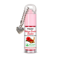 Hibiscus Scarlet Red Liquid Sindoor bottle with pink cap and heart charm, front view.