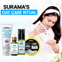 Surama’s Day Skin Care Ritual – Hydrating Face Wash, 1.5% Hyaluronic Acid Serum, Hyaluronic Sunscreen SPF50 & Matte Loose Translucent Powder for Intense Hydration, Barrier Repairing, Anti-Ageing & UV Protection - Keya Seth Aromatherapy