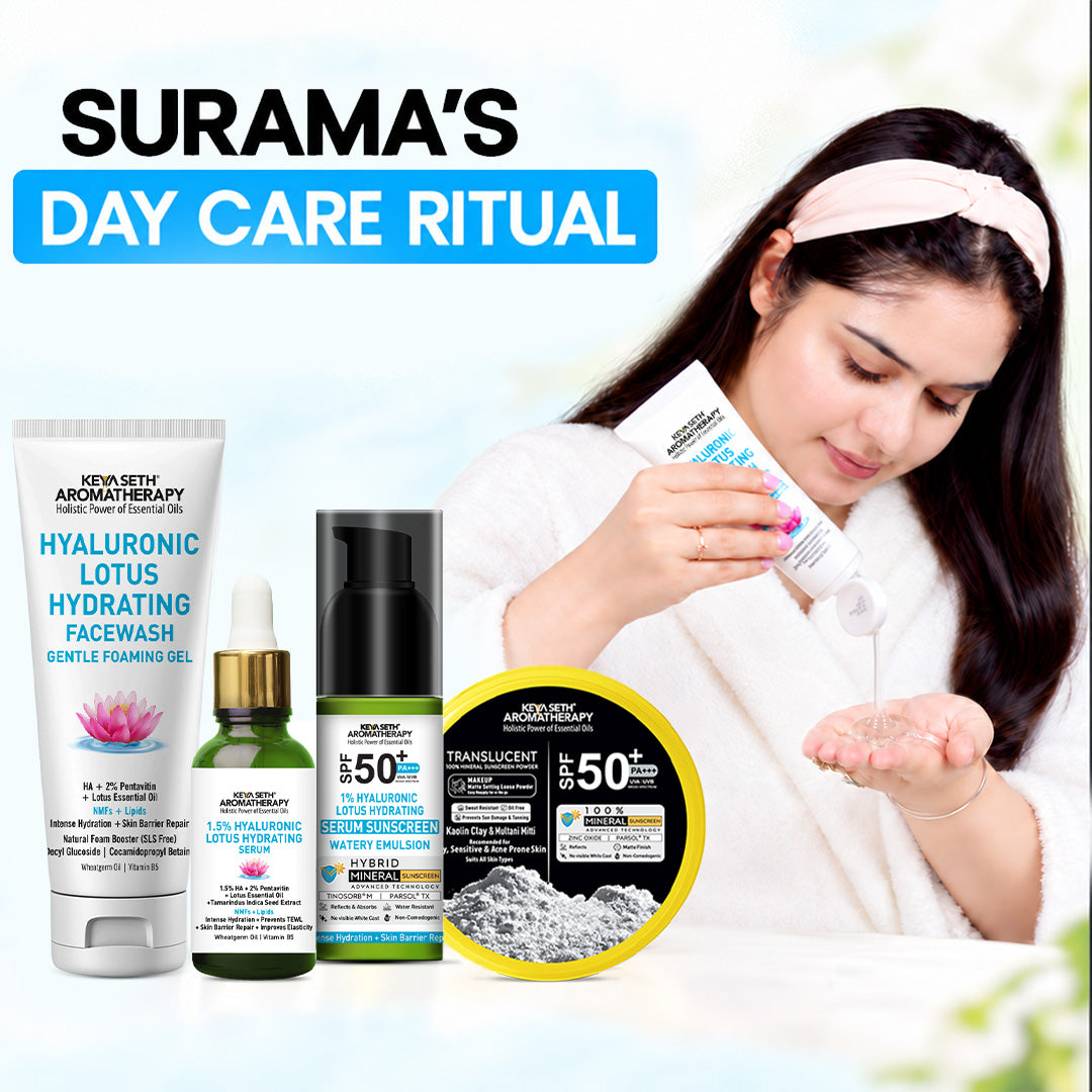 Surama’s Day Skin Care Ritual – Hydrating Face Wash, 1.5% Hyaluronic Acid Serum, Hyaluronic Sunscreen SPF50 & Matte Loose Translucent Powder for Intense Hydration, Barrier Repairing, Anti-Ageing & UV Protection - Keya Seth Aromatherapy