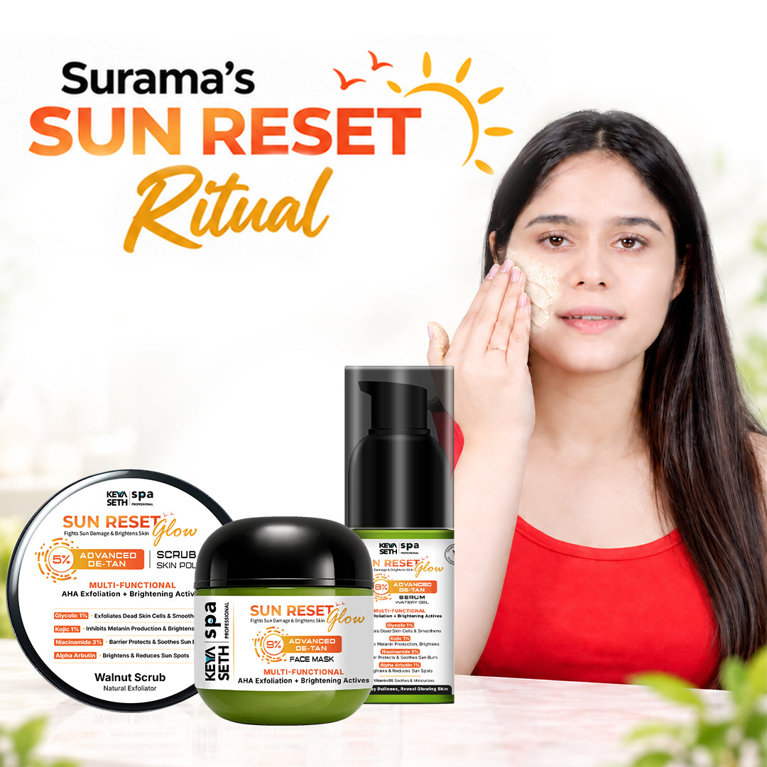 Surama’s Face De-Tan Ritual – Advanced Sun Damage & Tan Removal Scrub, Serum & Face Mask for Dark Spots, Pigmentation, Brightening & Even-Toned Glowing Skin - Keya Seth Aromatherapy