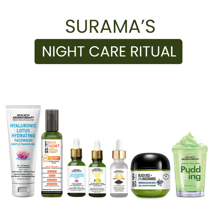 Surama’s Night Skin Care Ritual – Hydrating Face Wash, Exfoliating Toner, Hyaluronic Acid & Vitamin C Serums, Black Rice Moisturizer & Pudding Mask for Deep Hydration, Barrier Repair, Brightening & Anti-Ageing - Keya Seth Aromatherapy
