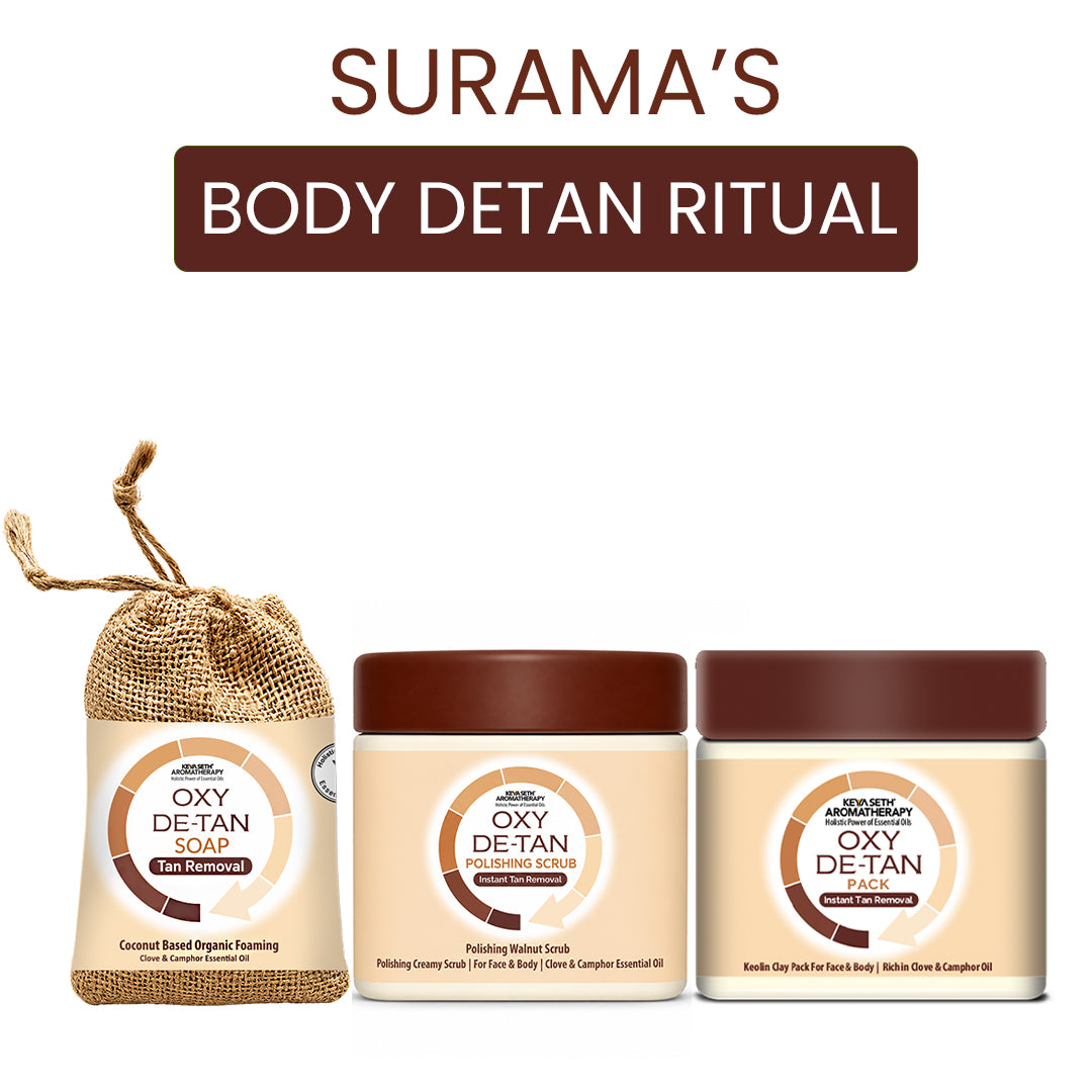 Surama’s Body Detan Ritual with  Oxy Detan Soap, Oxy Detan Scrub, & Oxy Detan Pack - Exfoliates, Removes Tan, Brightens & Locks Skin Hydration