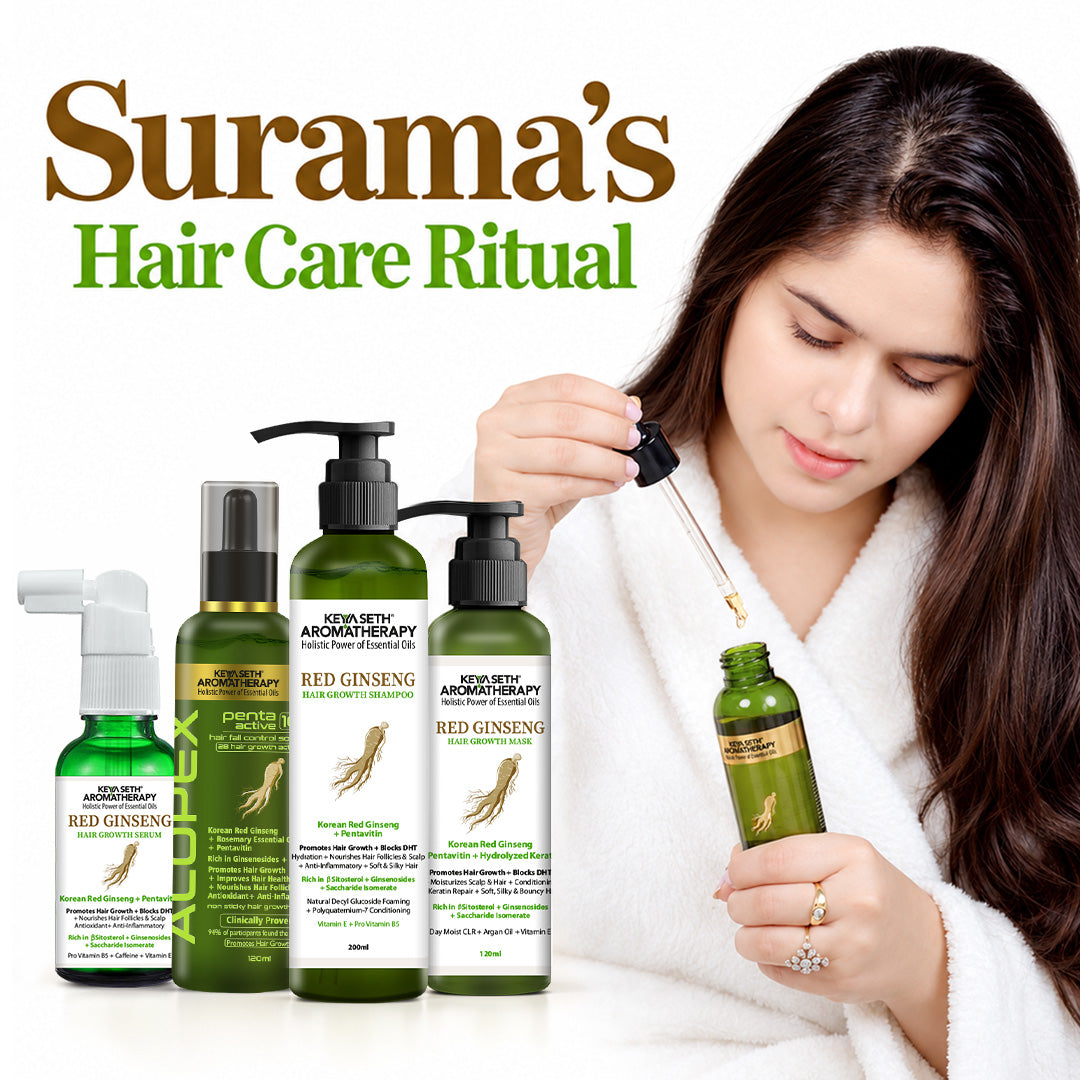 Surama’s Hair Care Ritual- Korean Red Ginseng Serum, Alopex Penta Active 10 Serum, Red Ginseng Shampoo, & Red Ginseng Mask for Scalp Health & Hydration, Stop Hair Fall & Promote New Hair Growth - Keya Seth Aromatherapy