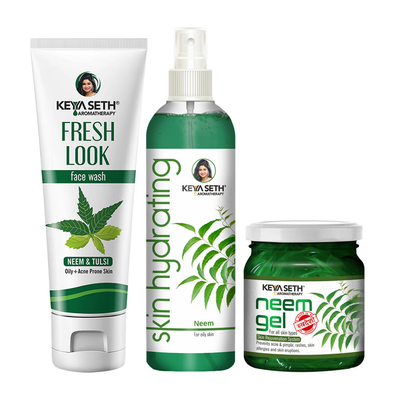 Neem Essential Skin Care Routine Kit for Oily & Acne Prone Skin for Men & Women I Facewash + Gel Moisturizer + Toner with Neem & Tulsi., Skin Care, Skin Care, Keya Seth Aromatherapy