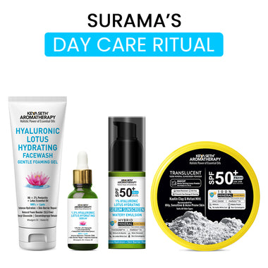 Surama’s Day Skin Care Ritual – Hydrating Face Wash, 1.5% Hyaluronic Acid Serum, Hyaluronic Sunscreen SPF50 & Matte Loose Translucent Powder for Intense Hydration, Barrier Repairing, Anti-Ageing & UV Protection - Keya Seth Aromatherapy