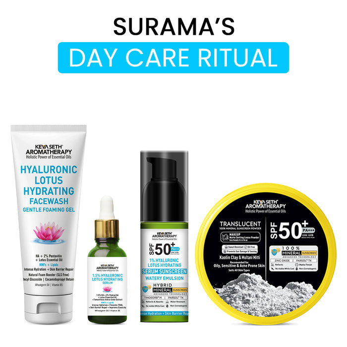 Surama’s Day Skin Care Ritual – Hydrating Face Wash, 1.5% Hyaluronic Acid Serum, Hyaluronic Sunscreen SPF50 & Matte Loose Translucent Powder for Intense Hydration, Barrier Repairing, Anti-Ageing & UV Protection - Keya Seth Aromatherapy