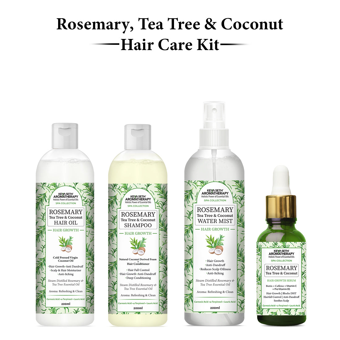 Rosemary Hair Growth Treatment Kit for Dry Hair- Rosemary Hair Serum, Hair Oil, Shampoo, Water Mist to Reduce Itching, Oiliness, Flakes & Hair Fall - Keya Seth Aromatherapy
