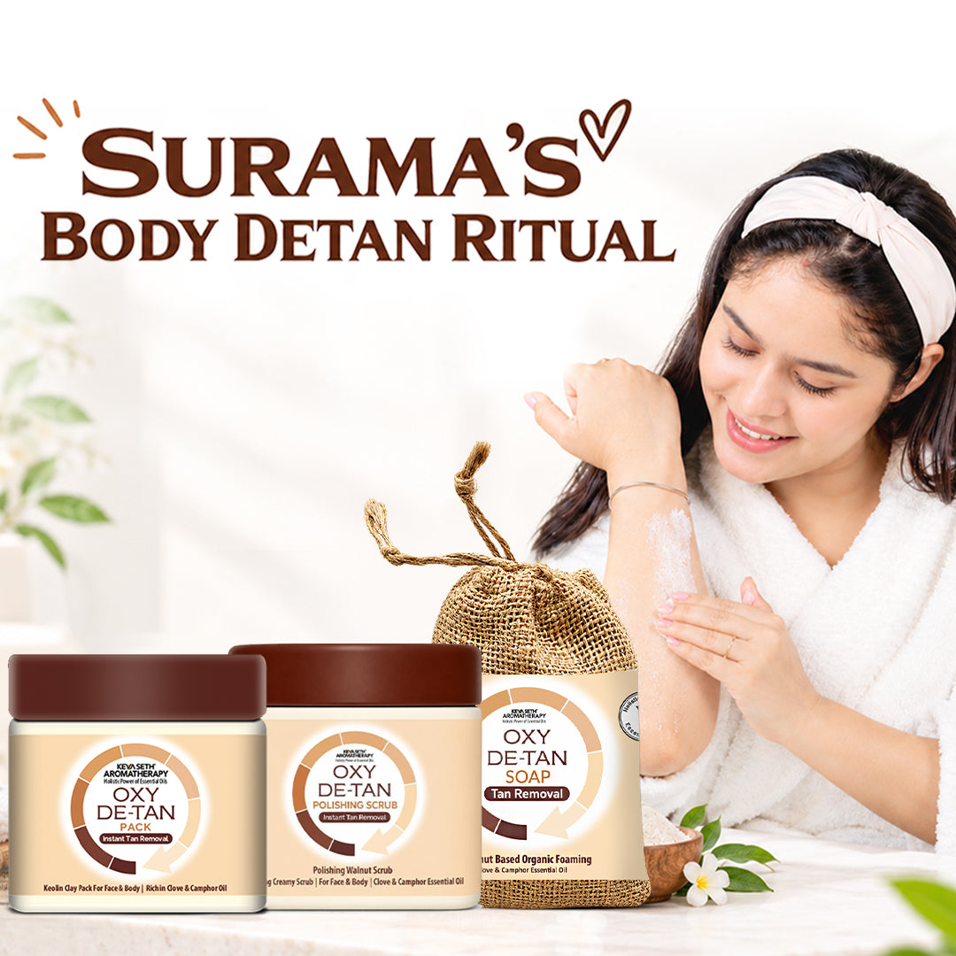 Surama’s Body Detan Ritual with Oxy Detan Soap, Oxy Detan Scrub, & Oxy Detan Pack - Exfoliates, Removes Tan, Brightens & Locks Skin Hydration - Keya Seth Aromatherapy
