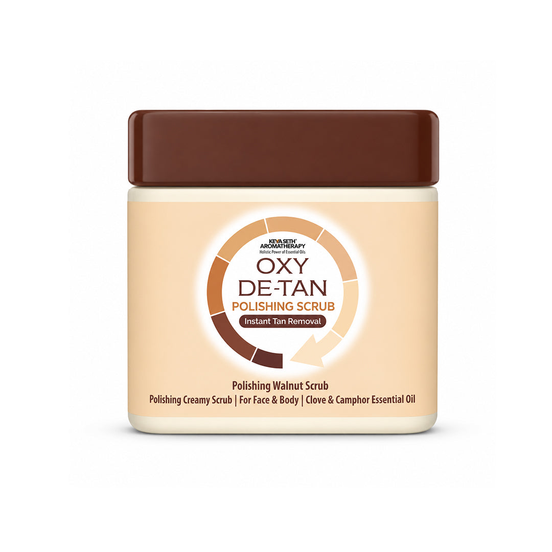 Oxy De Tan Face & Body Polishing Walnut Scrub - Removes Tan, Glowing & Lightens Skin with Essential Oils - Keya Seth Aromatherapy