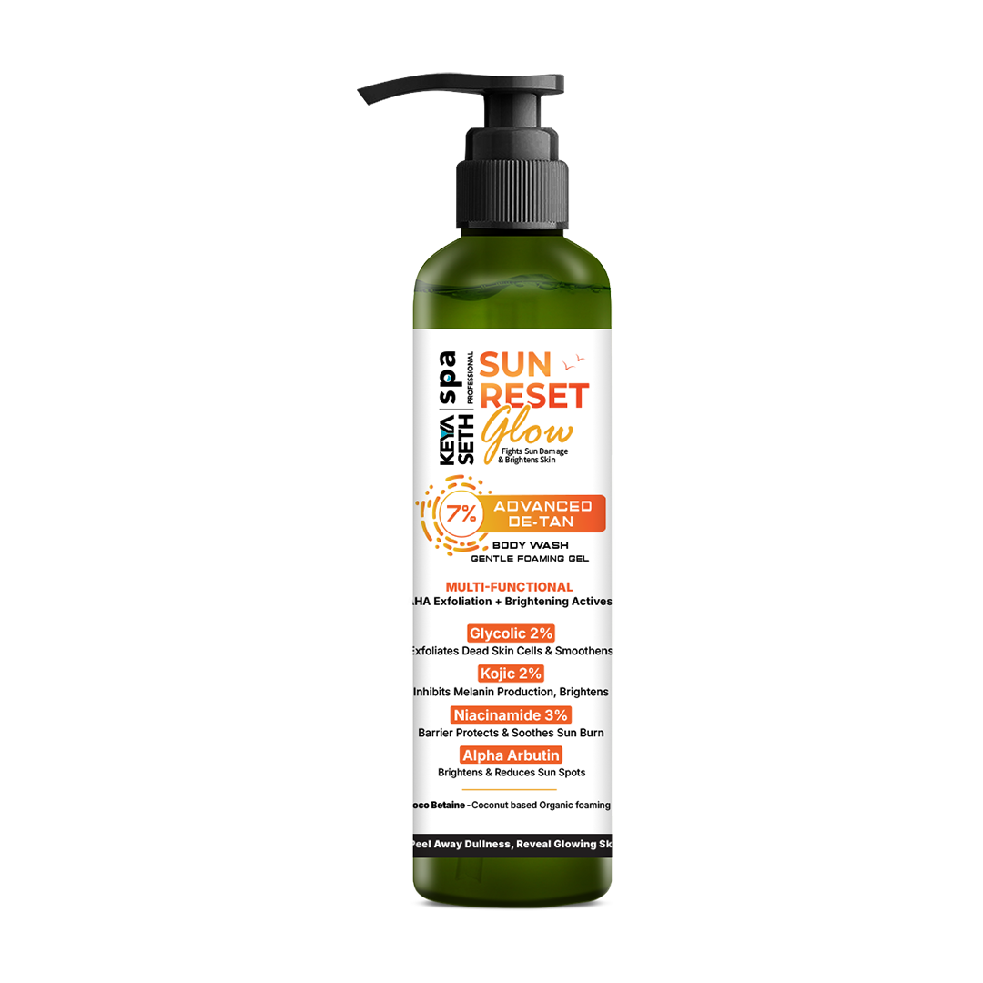 7% Advanced De Tan SUN RESET Glow Foaming Body Wash Gel, 2% Glycolic, 2% Kojic, 3% Niacinamide, Alpha Arbutin, Fights Sun Damage & Brightens Skin - Keya Seth Aromatherapy