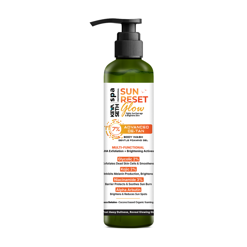 7% Advanced De Tan SUN RESET Glow Foaming Body Wash Gel, 2% Glycolic, 2% Kojic, 3% Niacinamide, Alpha Arbutin, Fights Sun Damage & Brightens Skin - Keya Seth Aromatherapy