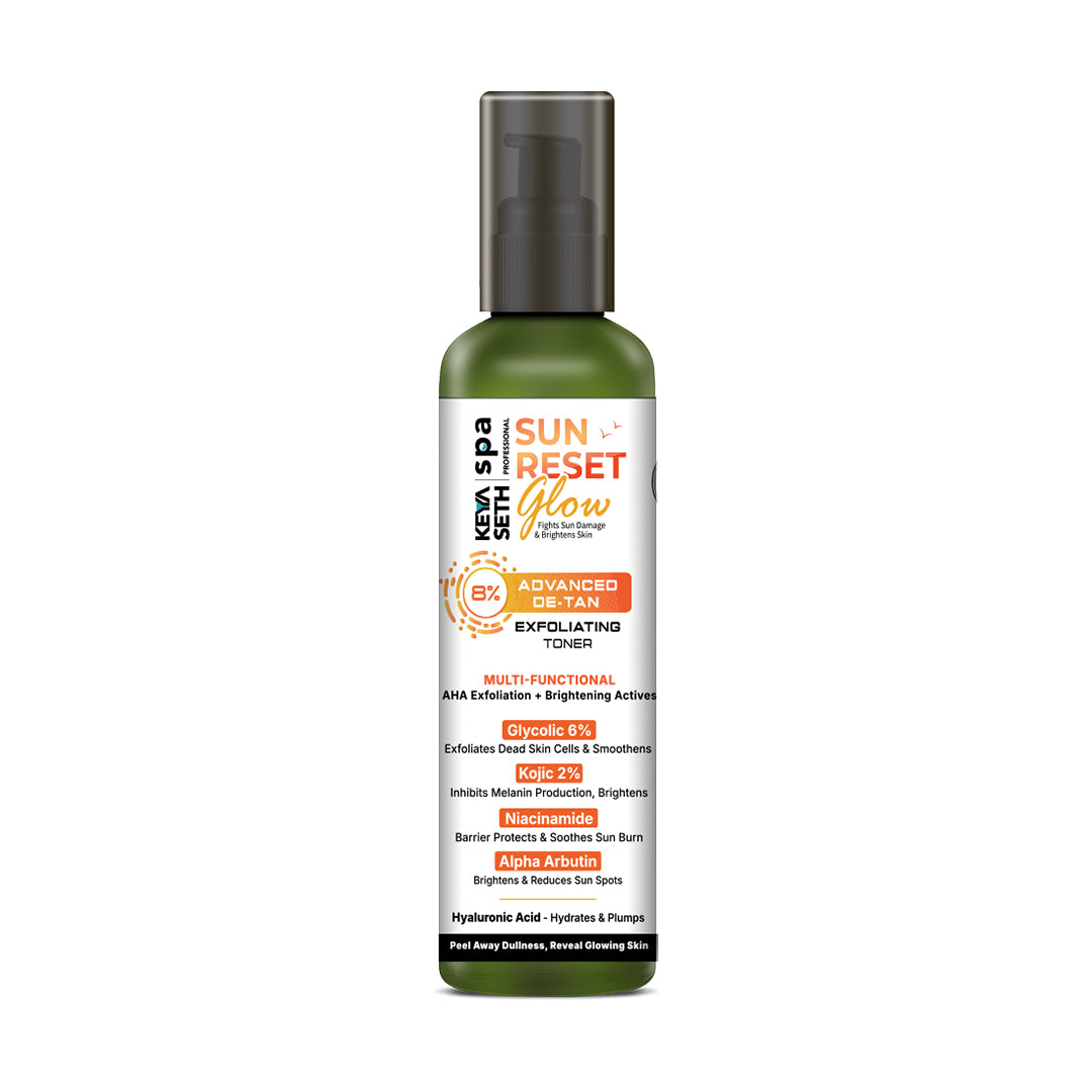 8% Advanced De Tan SUN Reset Glow Exfoliating Toner 6% Glycolic, 2% Kojic, Niacinamide, Alpha Arbutin, Fights Sun Damage & Brightens Skin - Keya Seth Aromatherapy