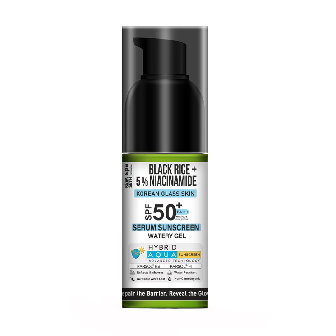 Korean Glass Skin Hybrid Aqua Serum Sunscreen SPF 50 PA+++ – Black Rice & 5% Niacinamide, Watery Gel, No White Cast, Water-Resistant with Parsol HS & M - Keya Seth Aromatherapy