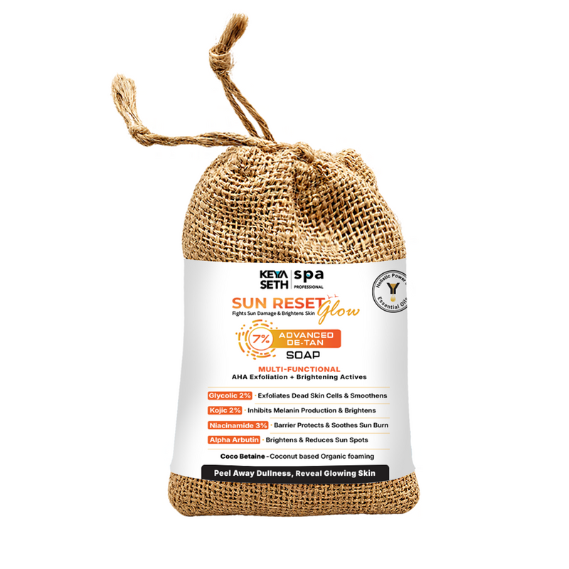 7% Advanced De Tan SUN RESET Glow Soap 2% Glycolic, 2% kojic, 3% Niacinamide, Alpha Arbutin Fights Sun Damage & Brightens Skin - Keya Seth Aromatherapy