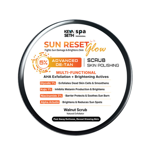5% Advance De Tan SUN RESET Glow Skin Polishing Scrub 1% Glycolic, 1% Kojic, 3% Niacinamide, Alpha Arbutin Fights Sun Damage & Brightens Skin
