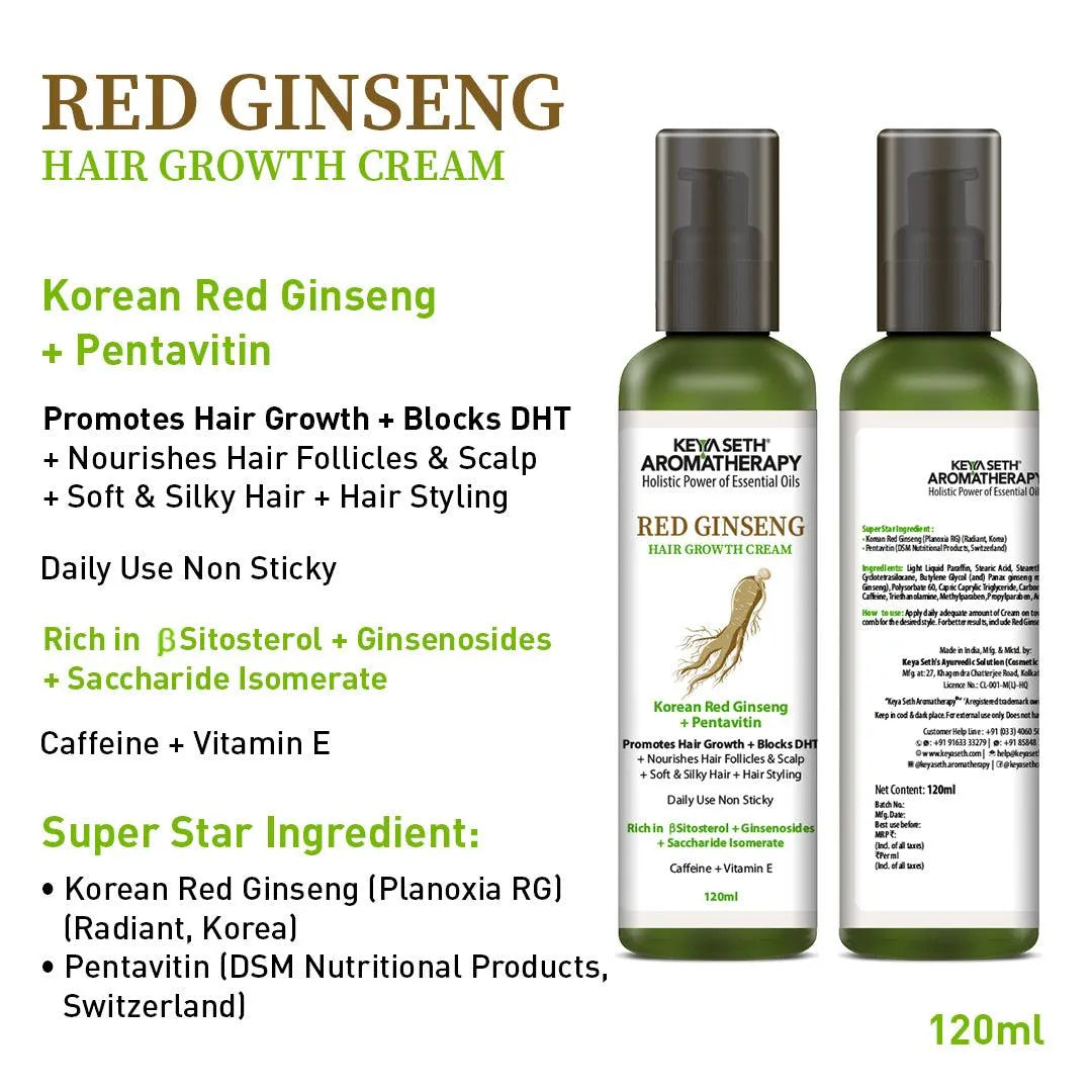 Korean Red Ginseng Hair Growth Cream, Blocks DHT, Pentavitin Caffeine Vitamin E, Daily Use, Hydration Nourishment - Keya Seth Aromatherapy