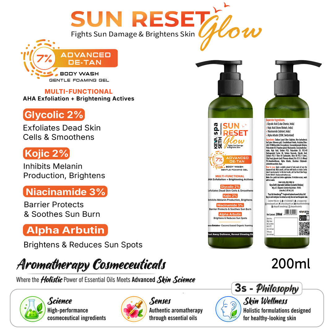 7% Advanced De Tan SUN RESET Glow Foaming Body Wash Gel, 2% Glycolic, 2% Kojic, 3% Niacinamide, Alpha Arbutin, Fights Sun Damage & Brightens Skin - Keya Seth Aromatherapy
