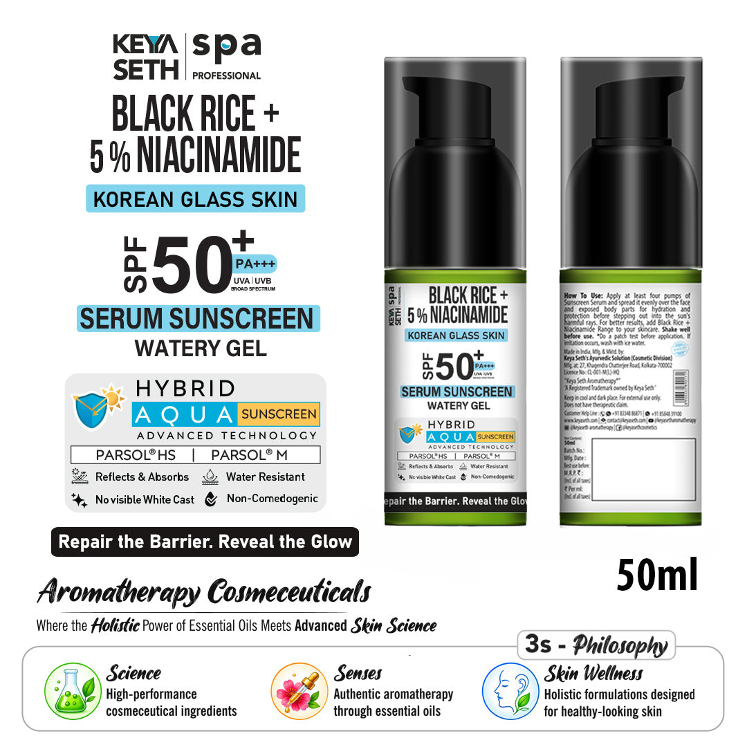 Korean Glass Skin Hybrid Aqua Serum Sunscreen SPF 50 PA+++ – Black Rice & 5% Niacinamide, Watery Gel, No White Cast, Water-Resistant with Parsol HS & M - Keya Seth Aromatherapy