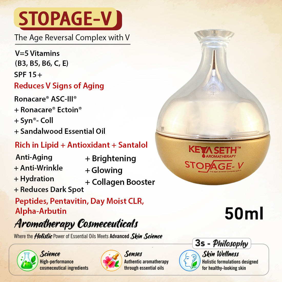 Stopage V – Anti Ageing Treatment- Vitamins B2, B3(Niacinamide), B5, C, E, Hyaluronic Acid, Alpha Arbutin, Anti Ageing Night Cream For Men & Women - Keya Seth Aromatherapy